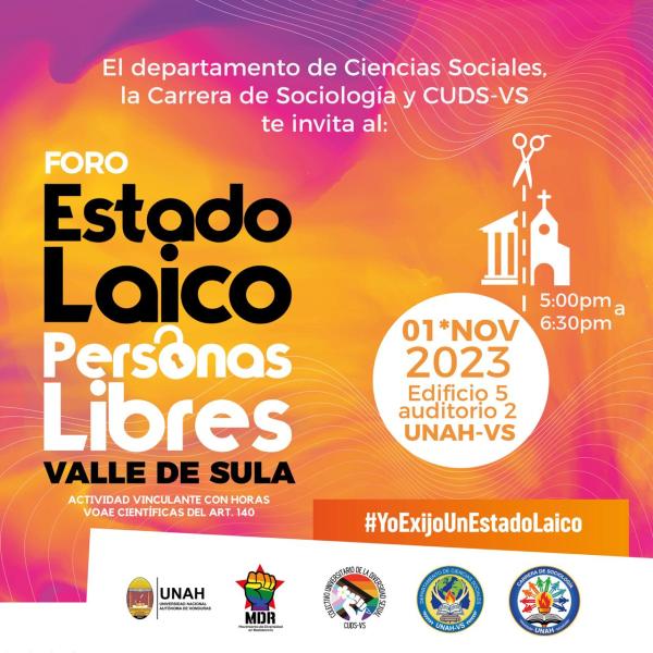 Reciba un cordial saludo cordial del Centro de Derechos de Mujeres (CDM) y del Movimiento de Diversidad en Resistencia (MDR). Por este medio, le invitamos a participar del Foro Internacional "Estado Laico, Personas Libre"  El foro se llevará a cabo el próximo jueves 21 de septiembre de 2023 de 9:00 am a 3:30 pm (almuerzo incluido), en el Teatro "Francisco Salvador", ubicado en el Edificio CISE de la Universidad Nacional Autónoma de Honduras (UNAH), en Tegucigalpa.