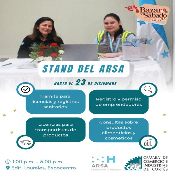 Stand de atención de la Agencia de Regulación Sanitaria - ARSA Honduras en el Bazar del Sábado