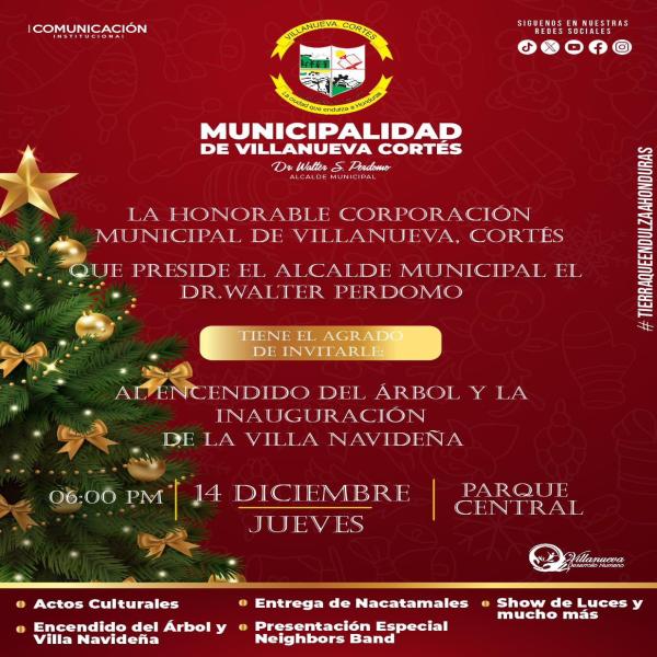 Encendido del Árbol y Villa Navideña en Villanueva, Cortés 
