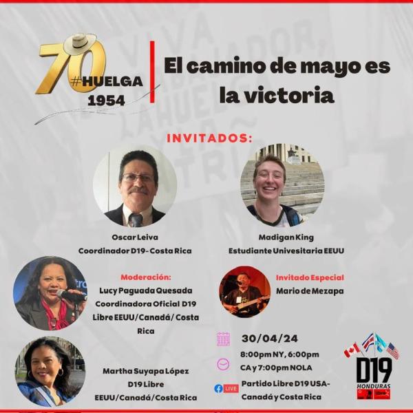 Foro virtual ‘El Camino de Mayo es la victoria’, 70 años de la histórica Huelga General de los trabajadores y las trabajadoras de Honduras en 1954