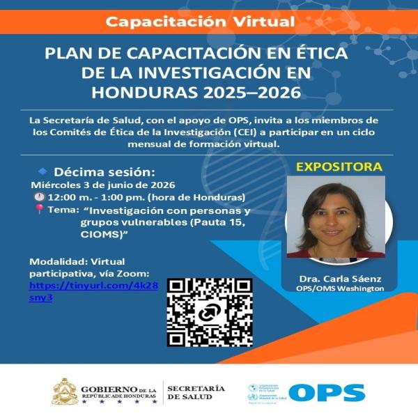 Conferencia virtual organizada por la Secretaría de Salud y la OPS, como parte del Plan de Capacitación en Ética de la Investigación en Honduras 2025–2026 